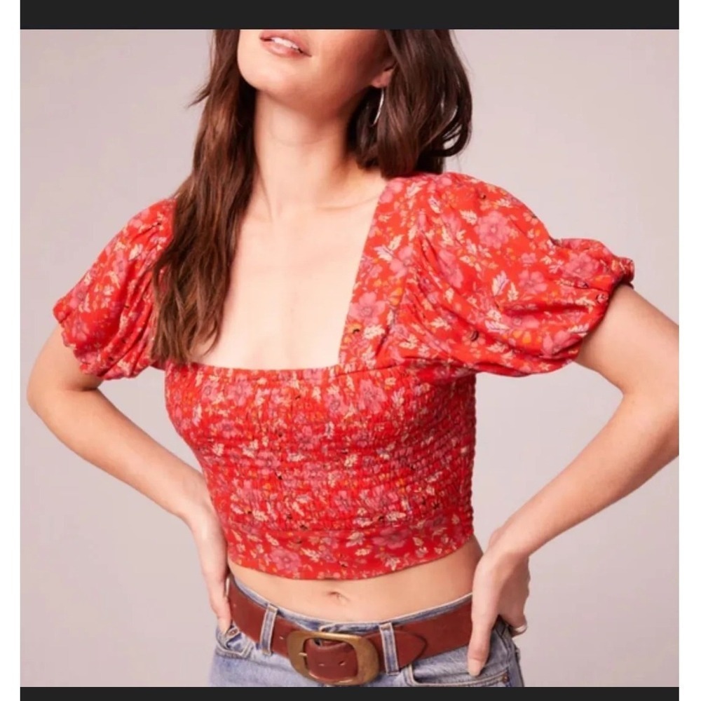 Hand of the Free Smocked Floral‎ Crop Top Tie Back Puff Sleeve Red L